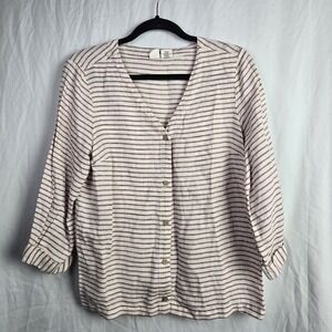 Artisan NY Linen Womens Medium Lagenlook Striped Button Cuff Sleeve Top Coastal